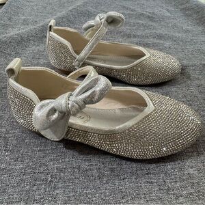 Girls silver sparkly flats with Velcro bow strap